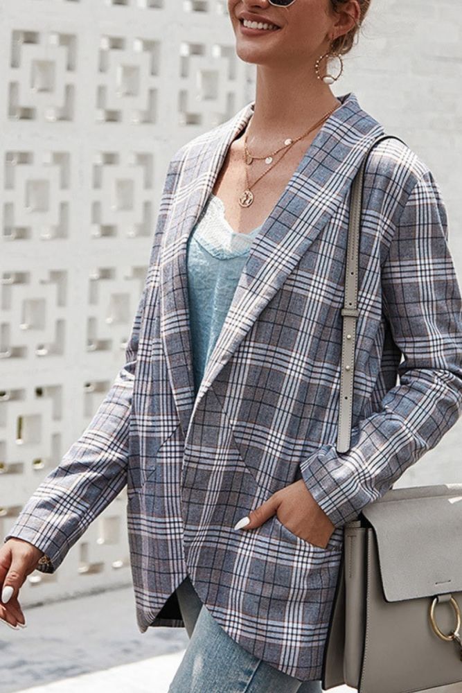 Plaid Woman Suits Office Wear Blazer 2021 Spring Fashion Lapel Elegant Sexy Long Sleeve Design Casual Cardigan Buttonless Blazer
