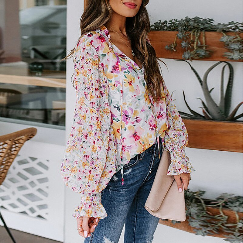 Fashion Women's Blouse New Spring Hot Sale Casual V-neck Single-breasted Printing Loose Plus Size Long-sleeved Blouse