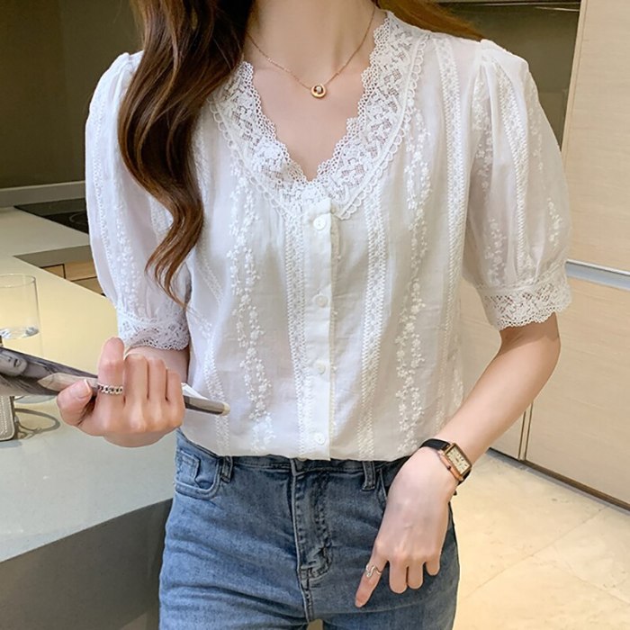 V-Neck Lace Button White Shirt Women Clothes 2021 Summer Tops England Style Short Sleeve Womens Blouses Shirts Chemisier Femme