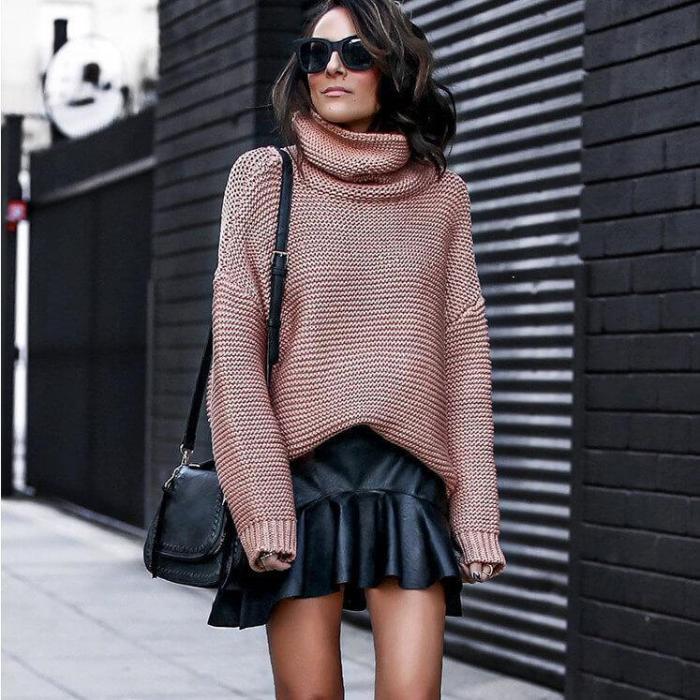 Turtleneck Thick Crochet Pullover Loose Sweater