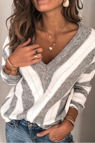 Women V Neck Long Sleeve Sweater Loose Knitted Striped Pullover