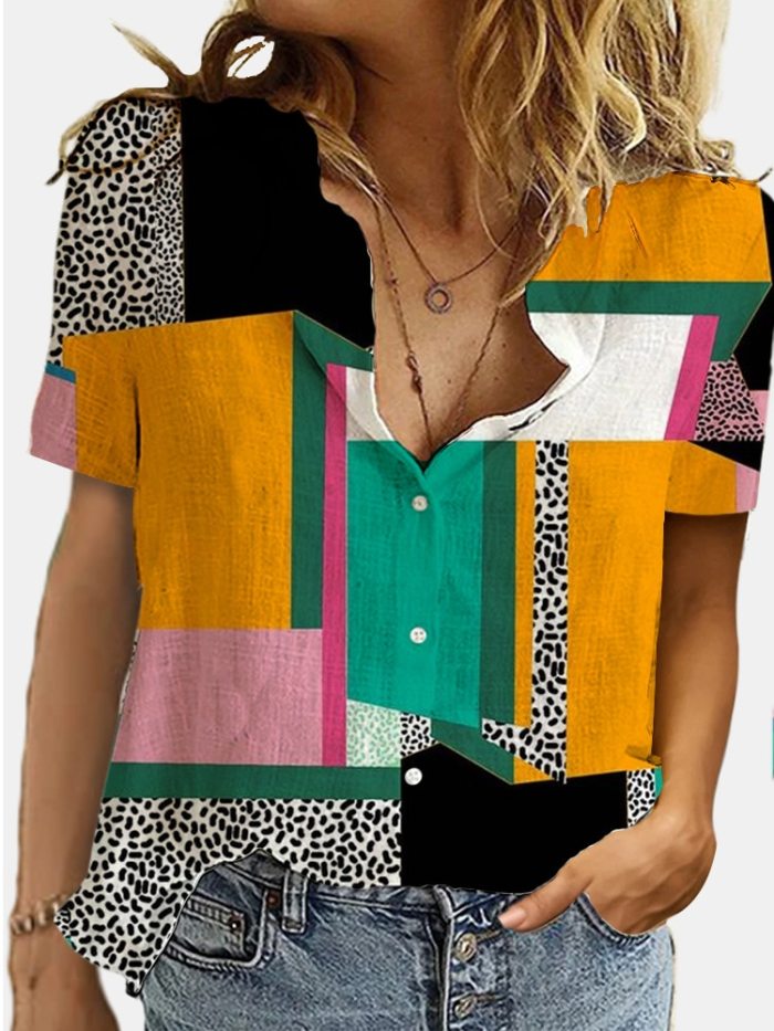 Fashion Geometry 3D Print Summer Shirt Women Lapel Short Sleeve Button Lady Office Shirt Female Streetwear Plus Size Blouses 3XL