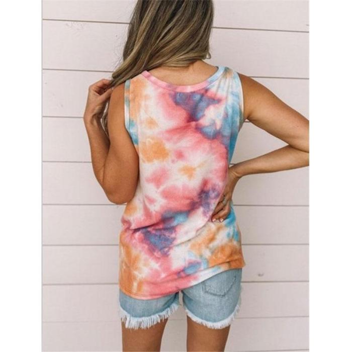 Women Tie Dye Printed Fashion Casual Knotted Short Sleeve Vest T-shirt Top