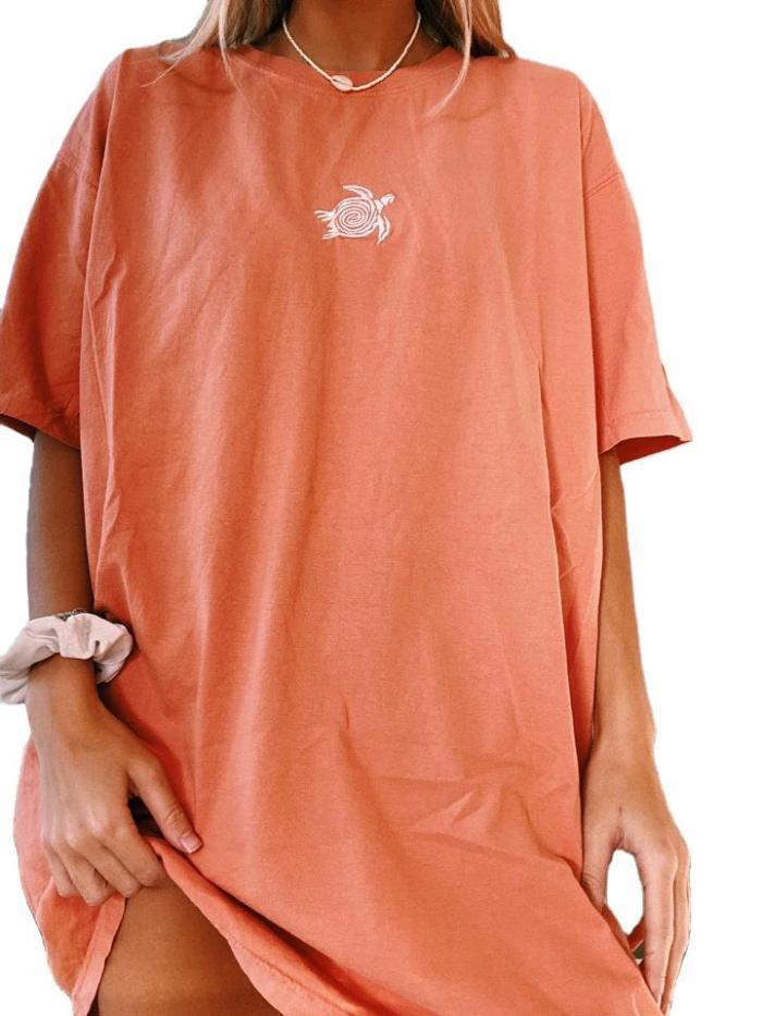 White orange cotton women's top 2021 turtle embroidery short sleeve round neck loose size good quality women's T-shirt