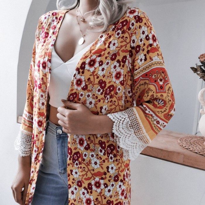 Fringed Trumpet Sleeve Floral Casual Cotton Sunscreen Shirt Beach Blouse