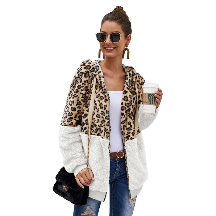 Female Leopard Splicing Brief Paragraph Coat Women Autumn Hooded Fluffy Plush Winter Faux Fur Jacket