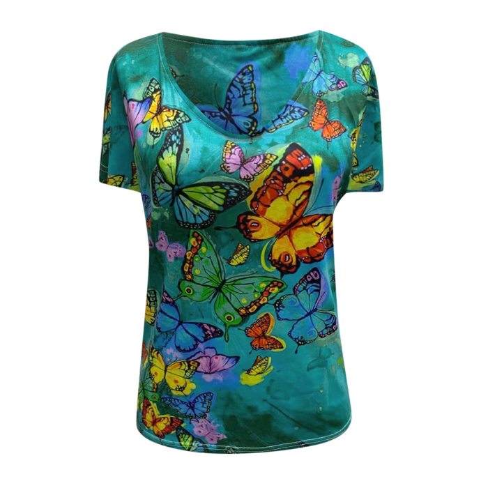 T-Shirt Plus Size Women Short Sleeve Printed V-Neck Tops Butterfly print Tee T-Shirt Casual Loose Tops Women's Clothing