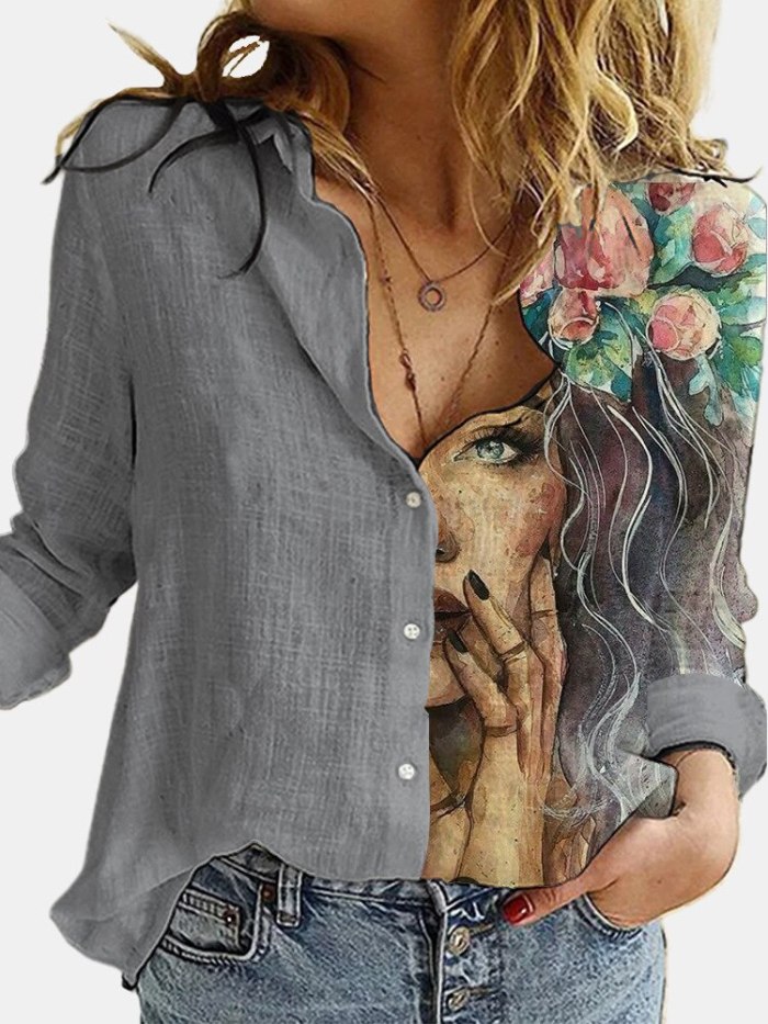 Cat Printed Lapel Long Sleeves Single Breasted Blouses