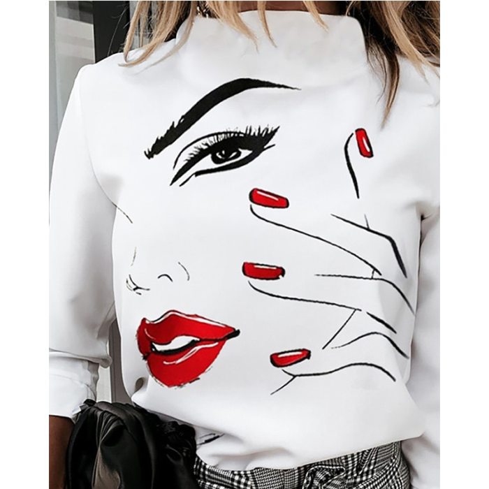 Autumn Women Blouse Shirts Cute Eyes Lips Print Casual Stand Neck Elegant Pullover Tops Lady Fashion Long Sleeve Blusa Sexy Top