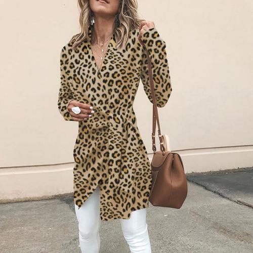 Fashionable V-Neck With Long-Sleeved Leopard Print Outerwear