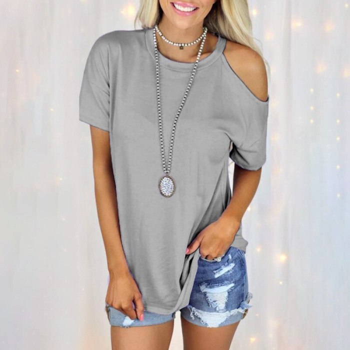 Summer 2021 New Solid Round Neck Off Shoulder Short Sleeve Casual T-shirt Female Tops