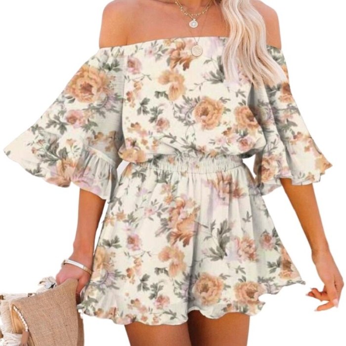 Women Summer Chiffon Playsuits Off the Shoulder Strapless Short Jumpsuits and Rompers Ladies Beach Casual Bodysuits