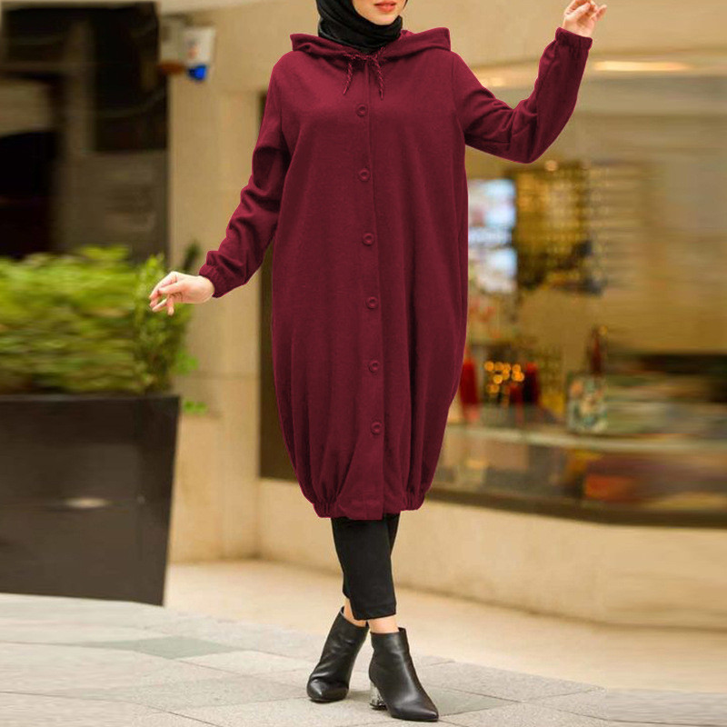 Winter Sweatshirt Dress Women Vintage Autumn Abaya Long Sleeve Sundress Casual Muslim Dress Kaftan Robe Solid Vestido