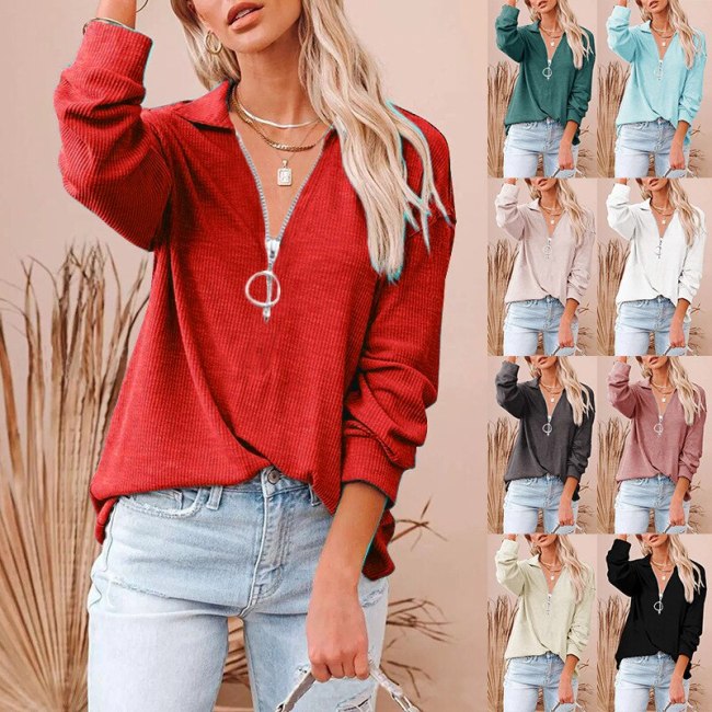Women's Top Spring Autumn Solid Color T-Shirts Patchwork Zipper V-Neck Long Sleeve T Shirts Woman's Clothing 2021 Loose Y2K Tops