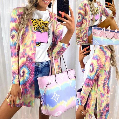 Tie Dye Women Cardigans Spring Autumn Gradient Floral Printed Long Sleeve Loose Long Jacket Coats WDC7530