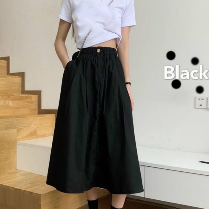 Skirts Women Basic Summer Fashion All-match Solid Empire Womens Mid-Calf Skirt Elastic Waist Black Classic Korean Femme Clothes