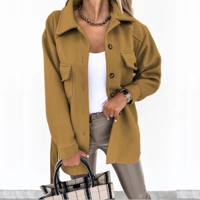 Fashion Single Breasted Woolen Women Outerwear Casual Long Sleeve Solid Overcoat Autumn Winter New Turn-down Collar Lace-up Coat