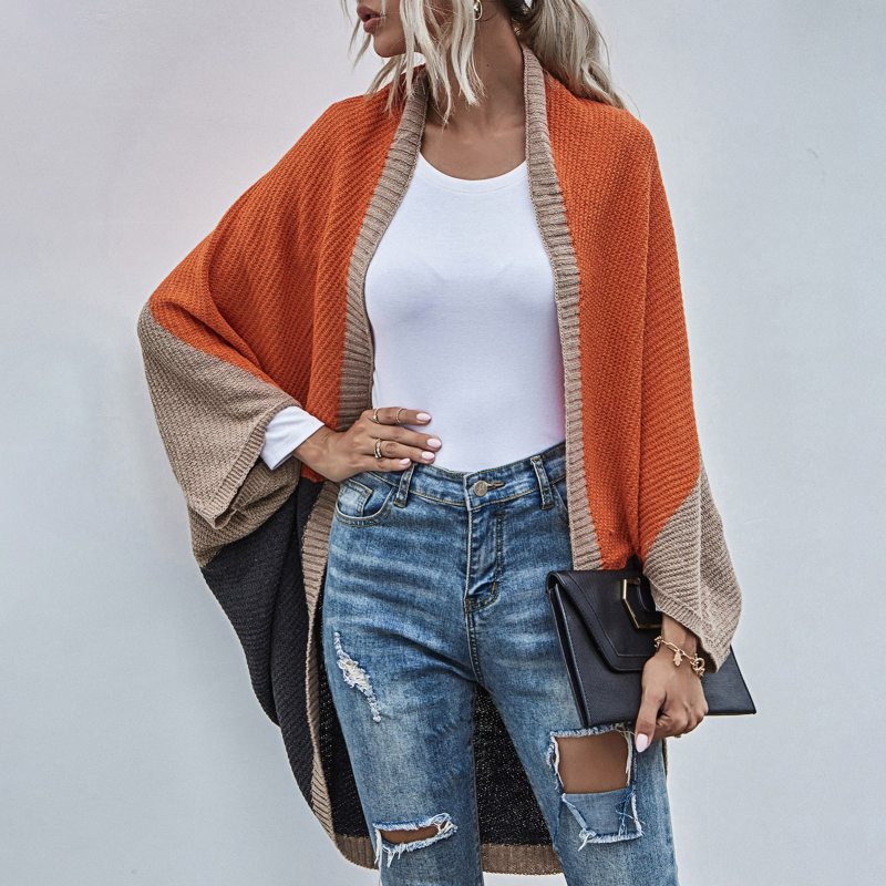 Oversized Cardigan Women Knit Streetwear Sweater Shawl Batwing Sleeve Color Block Kimono Autumn Chic Cardigan Sweater Femme 2021