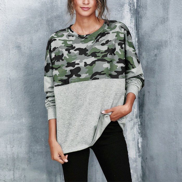 European and American autumn and winter hot round neck long sleeve camouflage stitching casual loose clothes women