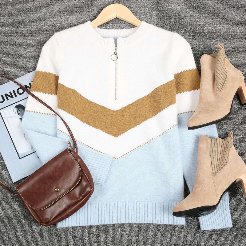 Patchwork Spring Sweater Ladies Knitted Sweater Women Zipper Full Sleeve Jumper Pullovers Top 2021