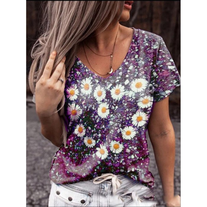 2021 Summer Daisy Print Multicolor V-neck Short-sleeved Fashion Women's T-shirt Loose Casual Style Women's Tops Plus Size S-5XL