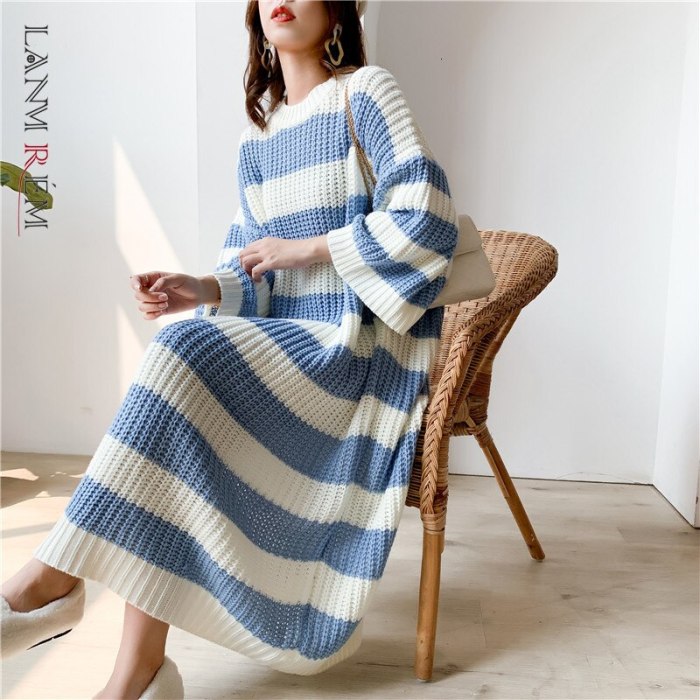 Stripe Knit Dress Crew Neck Pullover Sweater