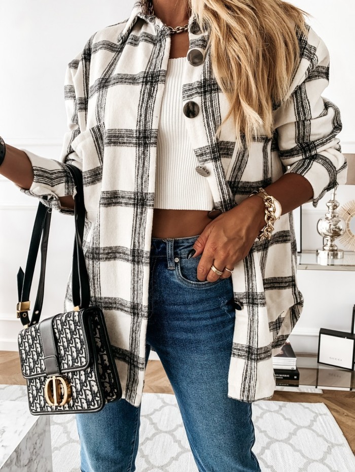 Oversize Women's Plaid Jackets Long Sleeve Ladies Tops Outwear Spring Autumn Loose Blends Check Buttons Coats
