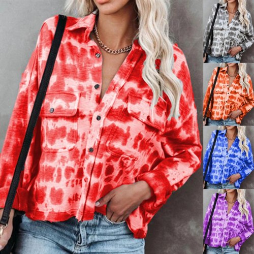 Autumn new style women's tie-dye printing lapel long-sleeved T-shirt top