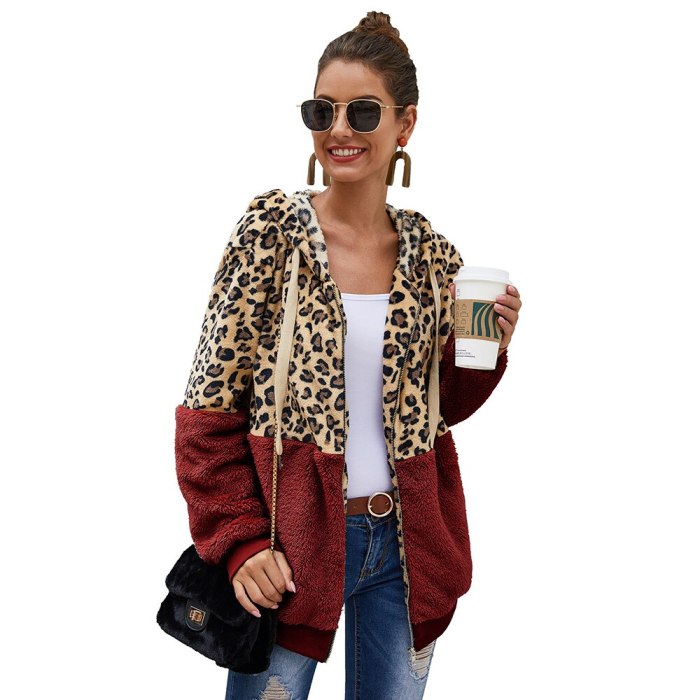 Female Leopard Splicing Brief Paragraph Coat Women Autumn Hooded Fluffy Plush Winter Faux Fur Jacket