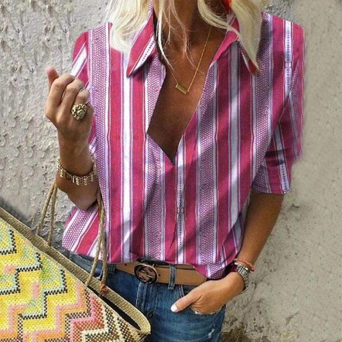 Casual Turndown Collar Middle Sleeve Striped Shirt