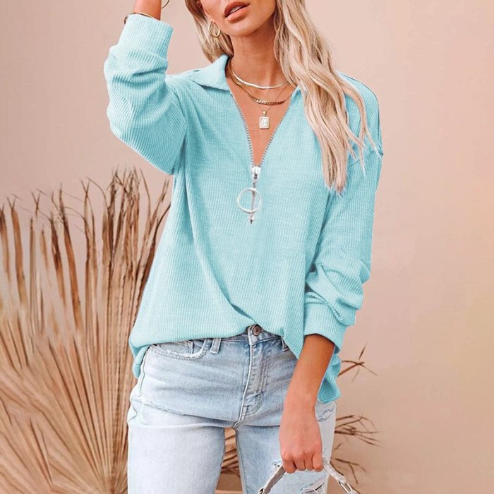 Women's Top Spring Autumn Solid Color T-Shirts Patchwork Zipper V-Neck Long Sleeve T Shirts Woman's Clothing 2021 Loose Y2K Tops