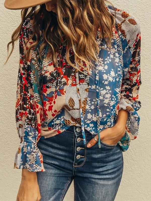 Casual Printed Color Long Sleeve Polyester Fiber Blouse
