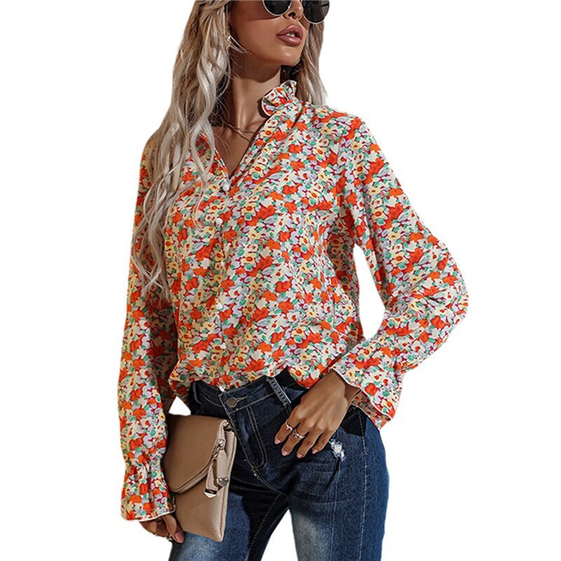 Women Casual Floral Prints Long Sleeve Shirt Fall Spring Adults V-neck Button T-Shirts Beach Vacation Tops Boho Woman Clothes
