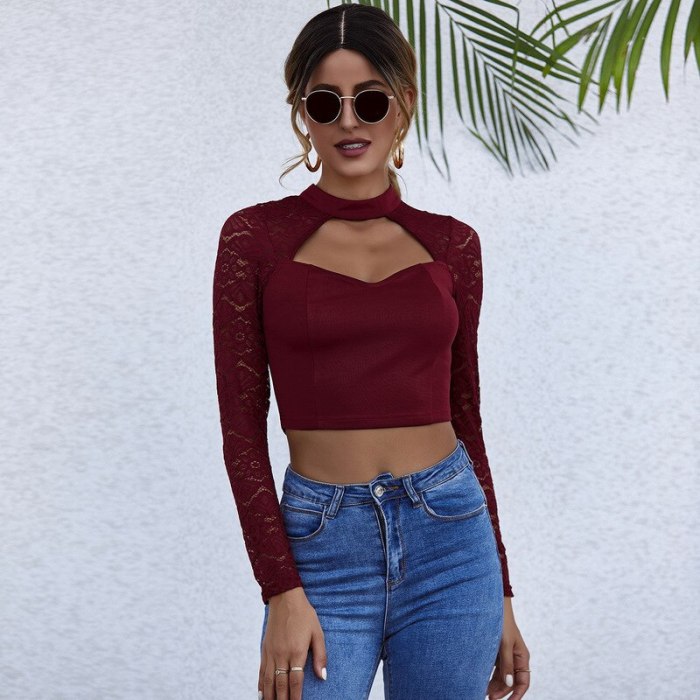 Fall 2020 sexy Crochet Lace low-cut long-sleeved top