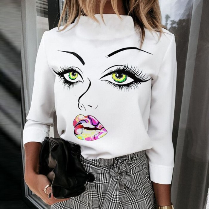 Elegant Lips Eyes Print Blouse Shirts Women O Neck Long Sleeve Office Tops 2020 Autumn Casual Streetwear Shirt Pullover Feminine