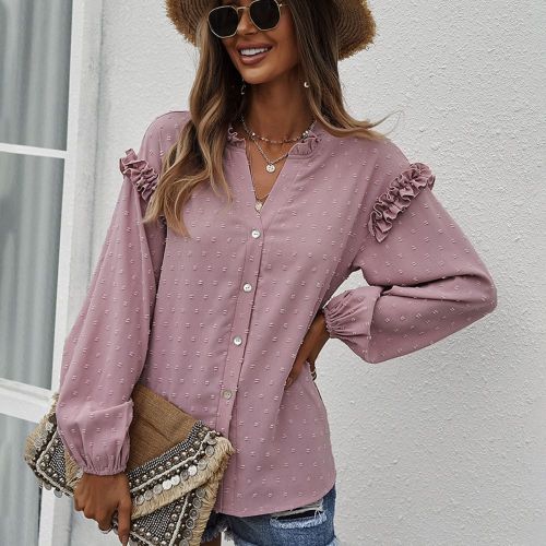 Sweet Pink Shirts Women 2022 Spring New Arrival Full Latern Sleeve Ruffle Blouses Round Neck Single-Breasted Pleated Shirt Tops