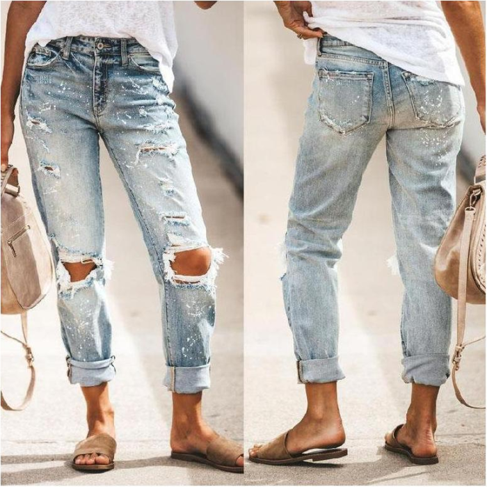 2021 New Women Fashion Mid Waist Boyfriend Big Ripped Hole Jeans Casual High Street Denim Pants Sexy Vintage Pencil Calca Jeans