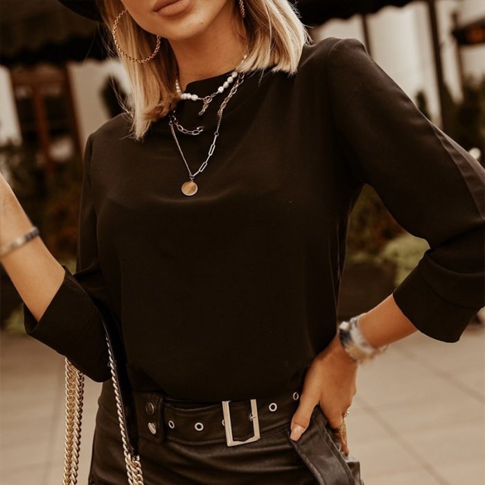 2021 Summer Black Women's Blouse Novelty Half Sleeve Solid Stand Collar Female Blouses Elegant Casual Fashion Office Lady Top
