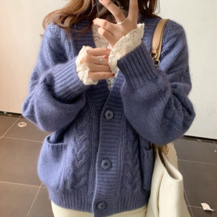 Knitted Cardigan Coat For Women Twisted Jumpers 2021 Korean Style Loose Retro Lazy Tops V Neck Thick Outer Wear Sweater