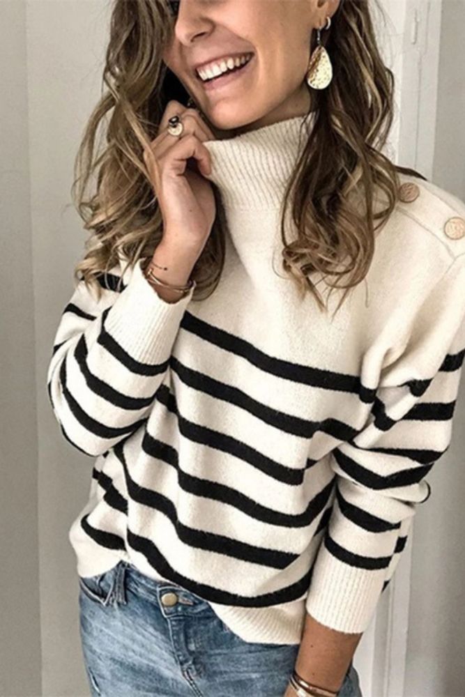 Autumn Winter Button Turtleneck Sweater Elegant Striped Long Sleeve Loose Pullover Vintage Harajuku Jumpers Casual Knitting Tops