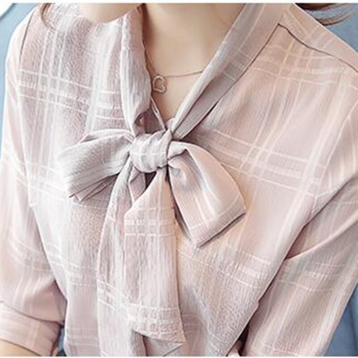 New 2021 Autumn Women Chiffon Blouse Ladies Plaid Elegant lacing Collar Bow Tops Female Casual Long Sleeve OL Office Shirt