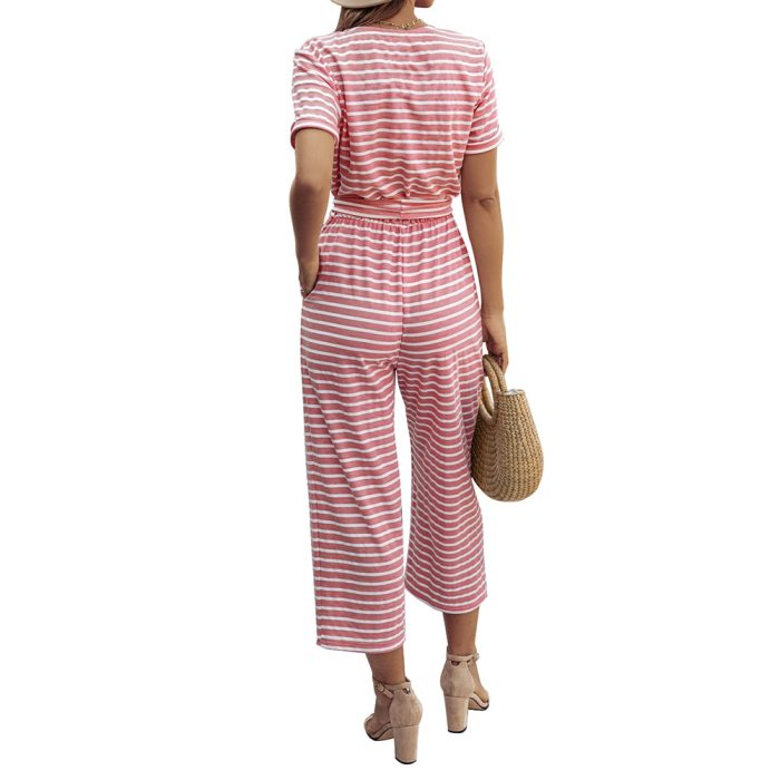 2021 New Fashion Women Short Sleeve Jumpsuit Sexy Ladies V-neck Striped Rompers Pants Casual Trousers