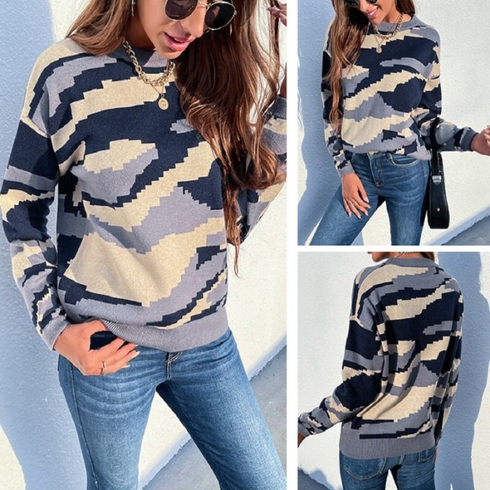 Top women sweater pullover 2021 autumn new loose round neck full sleeve warm outwear elegant fashion casual camouflage sweater
