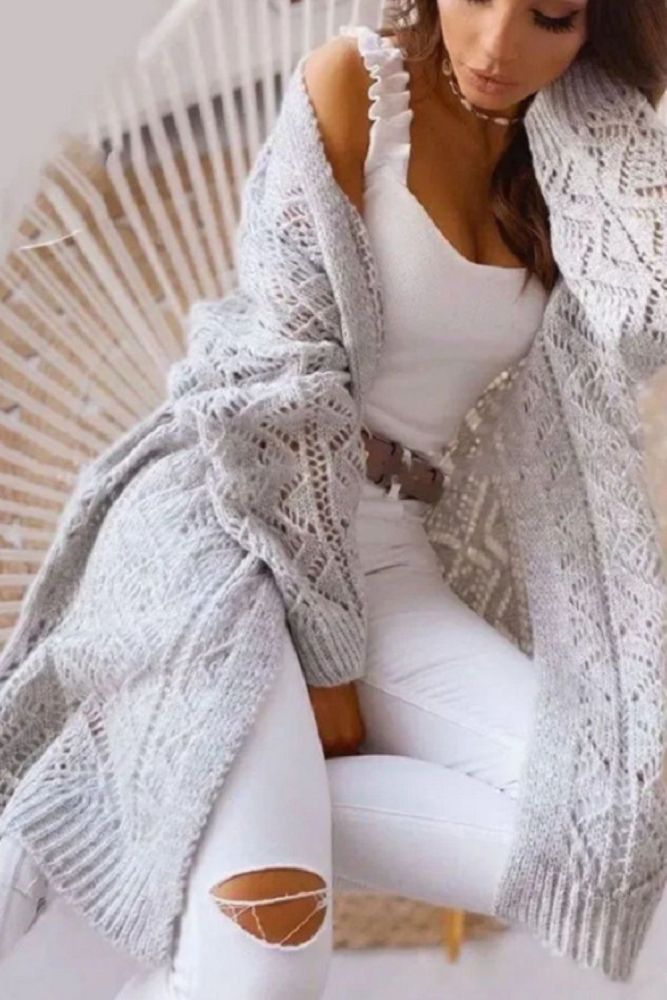 Women Hollow Out Knitted Long Cardigan Sweater Autumn Casual Office Female White Outwear Long Sleeve Sweater 2021 Loose Coat