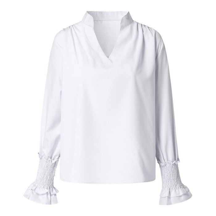 Women's Solid Color Tightened Cuffs V-neck Roll-up Sleeve Casual Work Blouses