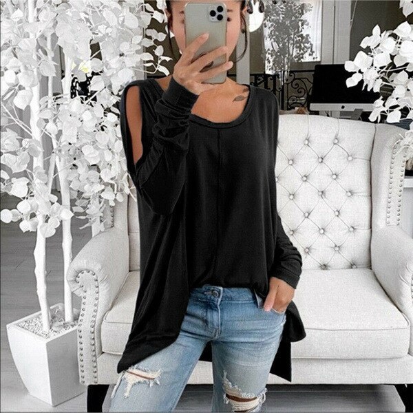 women spring hollow out shoulder Pullover loose long sleeve blouse tops solid black color plus sizes