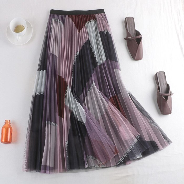 Spring New Big Swing Skirt High Waist Thin Double-Layer Mesh Skirt Female Mid-Length A-Line Pleated Skirt 767