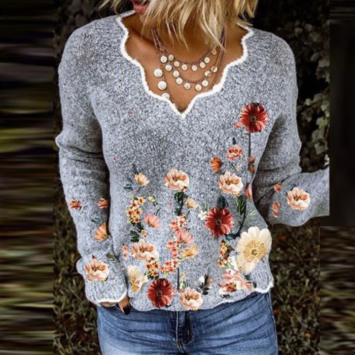 Vintage Geometric Print Sweaters Elegant V-Neck Knit Tops