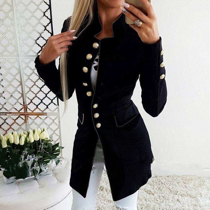Office Women Long Coat Overall Fashion Single Breasted Winter Slim Jacket Solid Female Red Black Bottons Sleeve Outerwear