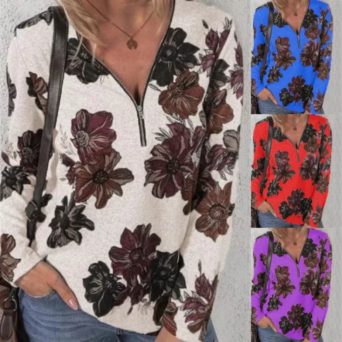 Women Zip Flowers Print Long Sleeve Loose T-shirt Casual New Fashion Autumn Winter Female V-neck Tops Women Plus Size Clothing